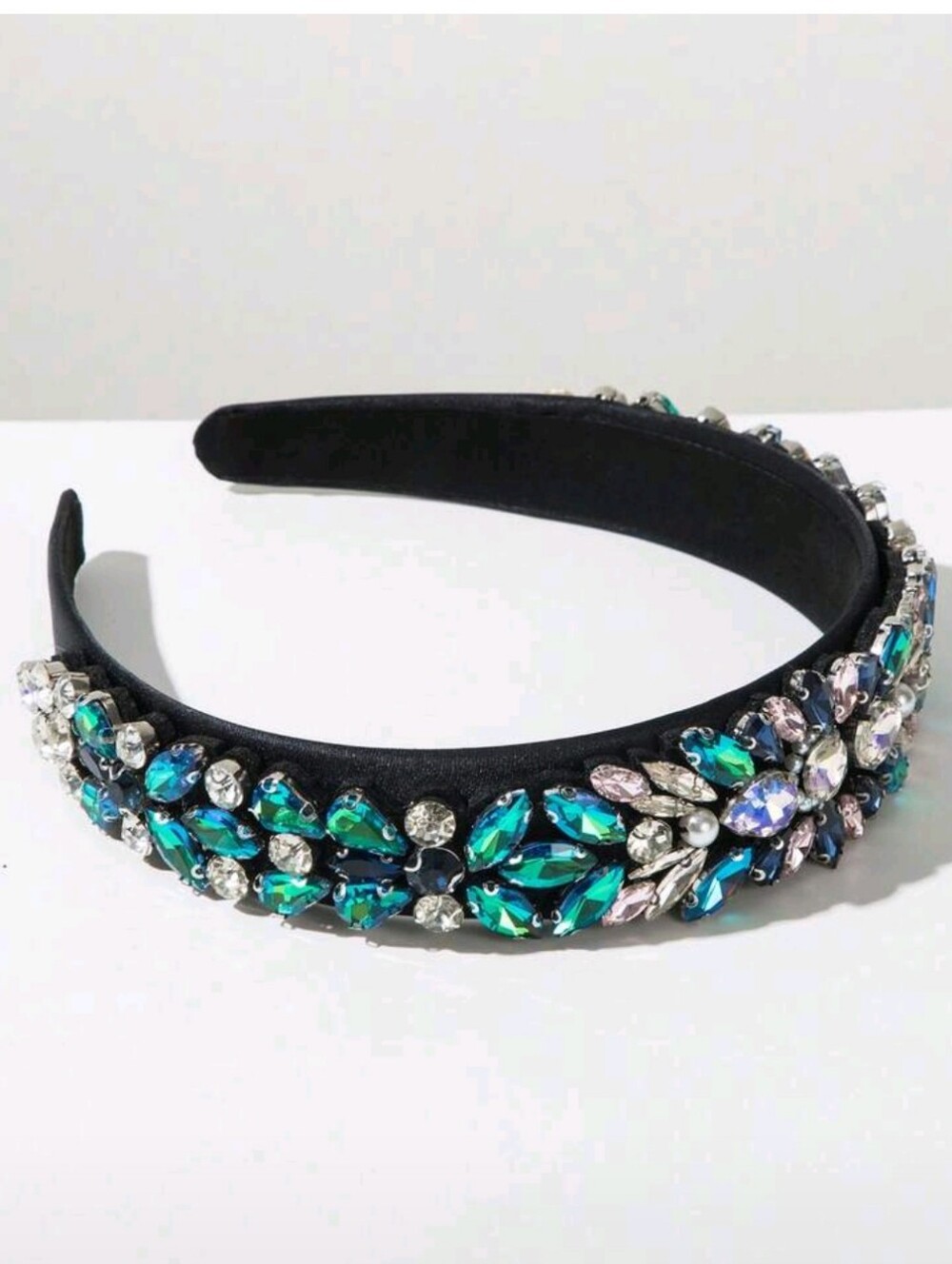 Baroque Embellished Black Headband with Green & Blue Crystal Accents - Picture 2 of 3